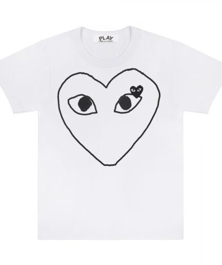PLAY WHITE T-SHIRT BLACK HEART OUTLINE AND EMBLEM